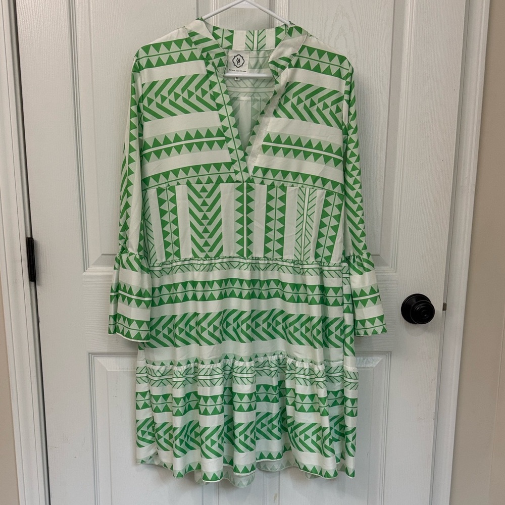 Green and White Long Sleeve Dress